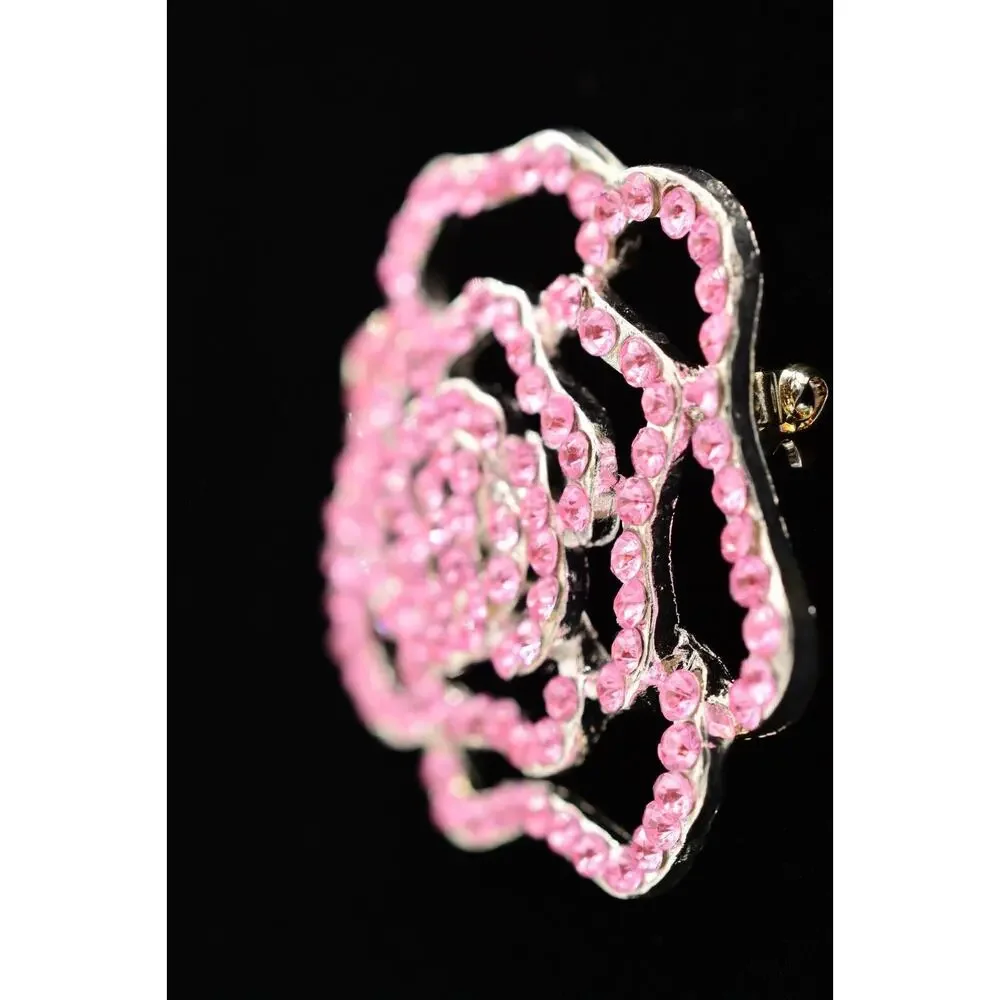 Vintage Rose Pin Brooch Flower Pink Lucite Rhinestone Crystal Silver Tone Bin5B